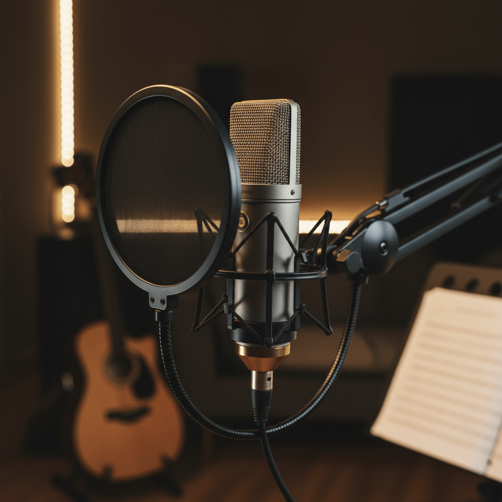 Professional condenser microphone with gold accents in a warm studio setting.