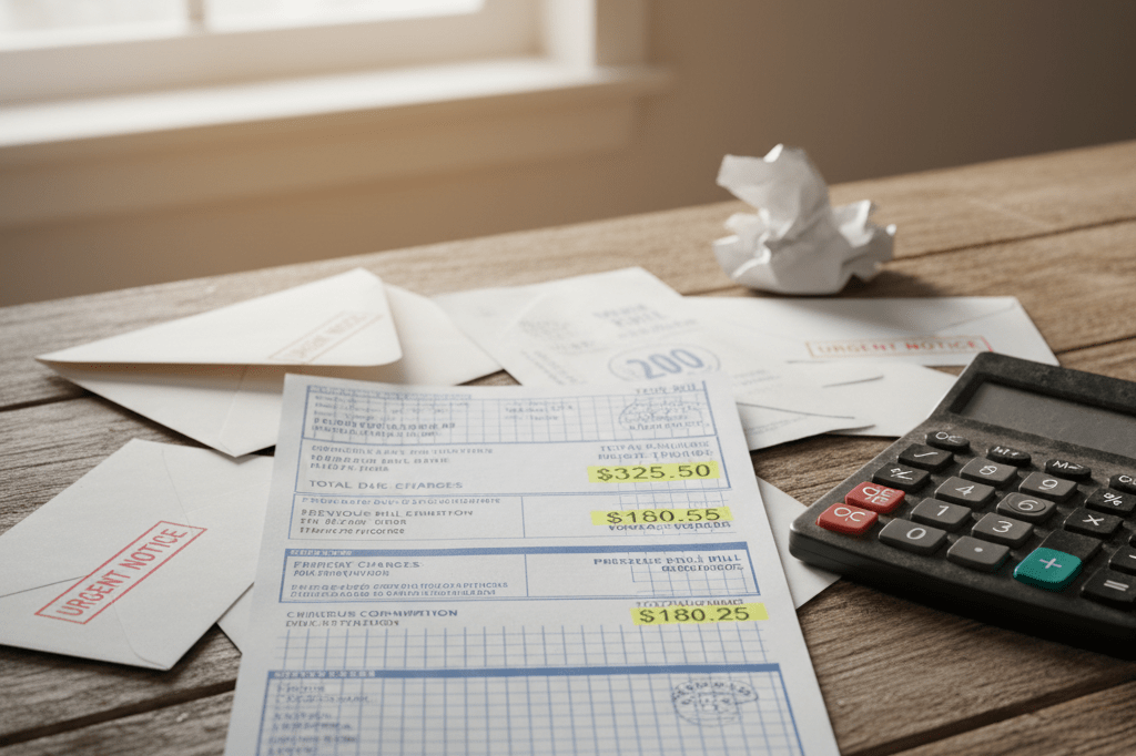 Detailed view of an electricity bill showing cost increases alongside a calculator, lit naturally to highlight financial strain
