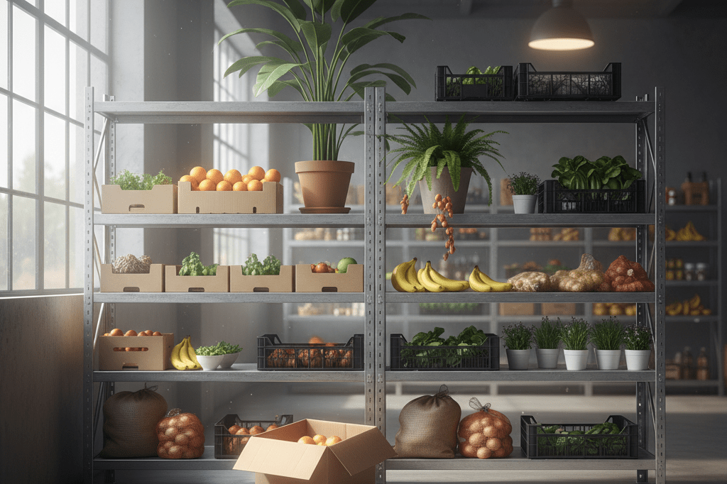 Warehouse shelf with perishable items showing minor wear due to delayed delivery, emphasizing inventory management challenges