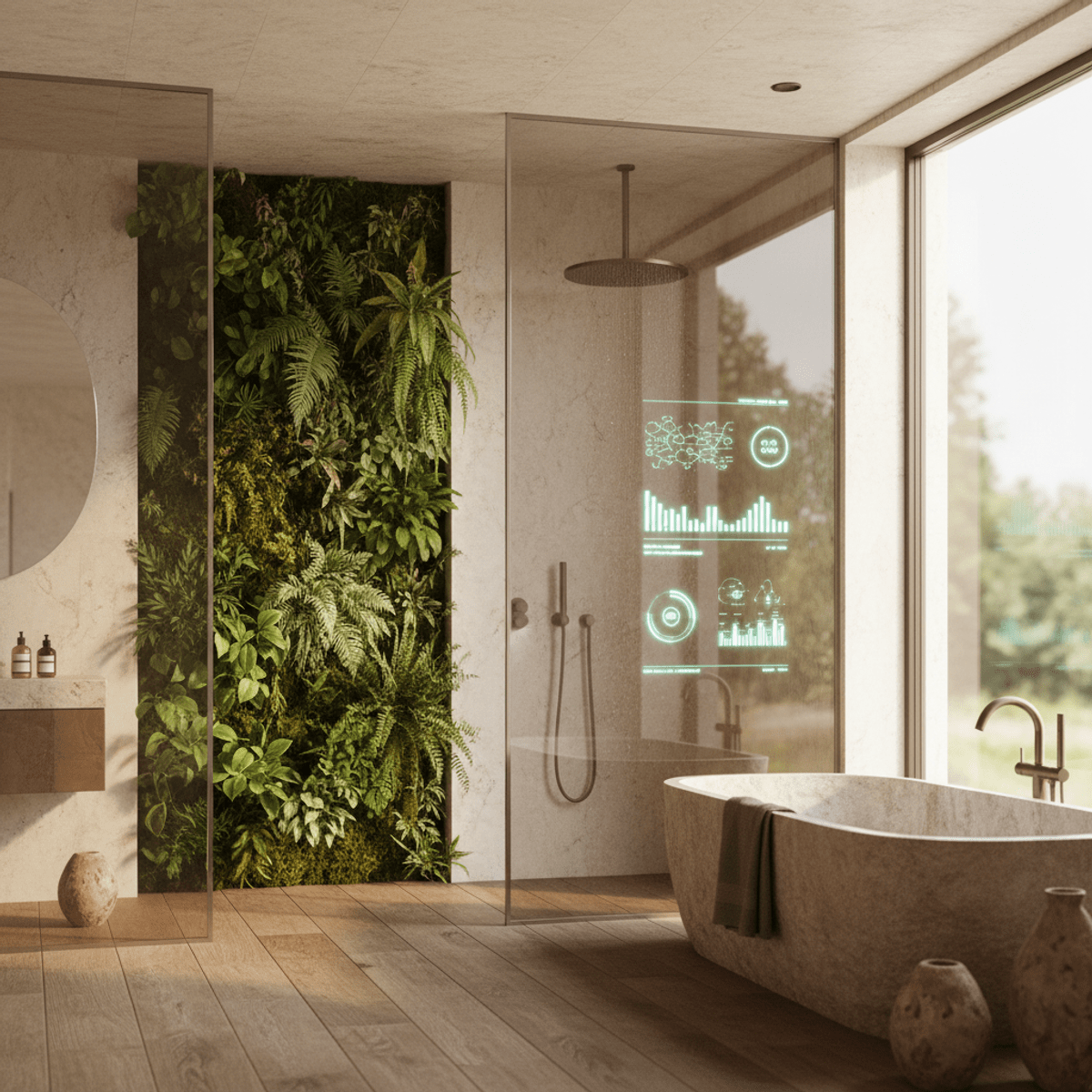 Futuristic bathroom with greenery and smart technology Modern bathroom with integrated plants, smart glass, and automated rainfall shower.