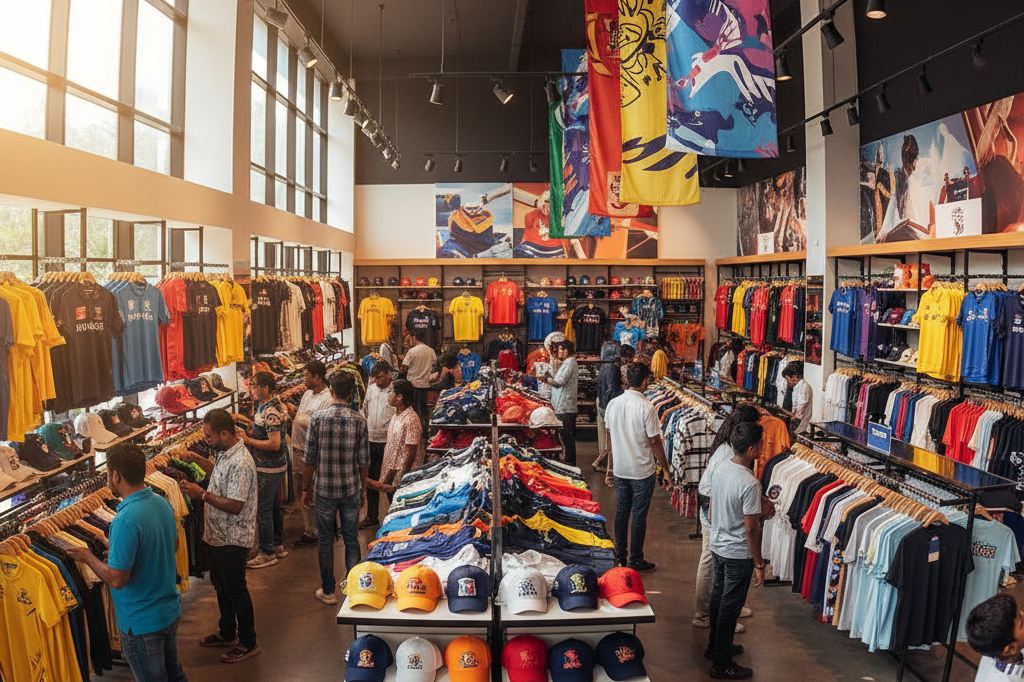Wide shot of colorful cricket jerseys and accessories arranged in a retail shop with natural light and ambient indoor lighting