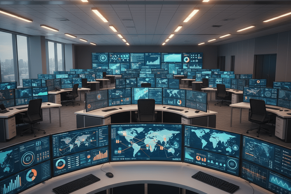 Wide shot of logistics control room with monitors displaying real-time supply chain data under warm ambient light