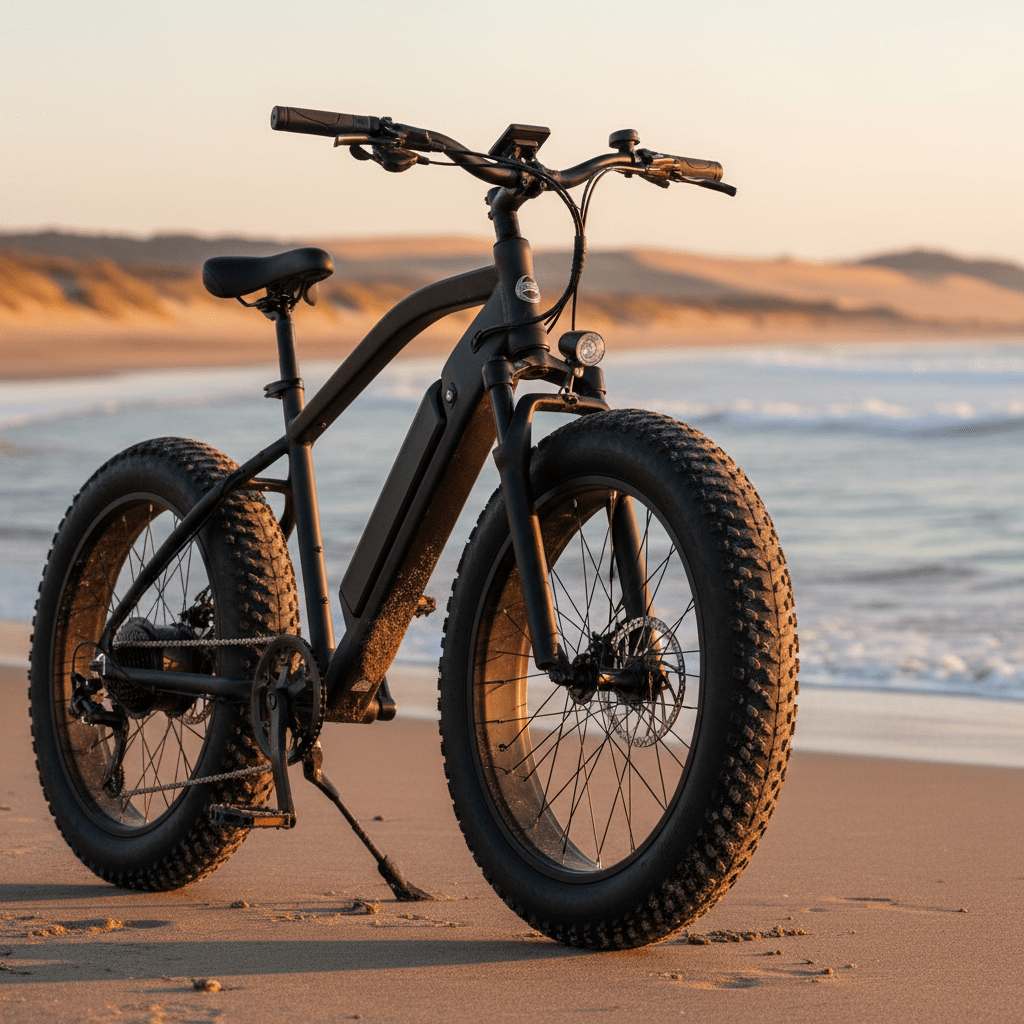 Rugged fat tire e-bike parked on a sandy beach at golden hour.