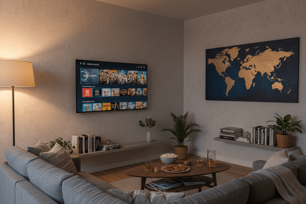 Modern living room with smart TV, cozy ambiance, and global-themed decor under warm ambient lighting, representing streaming services' global strategies