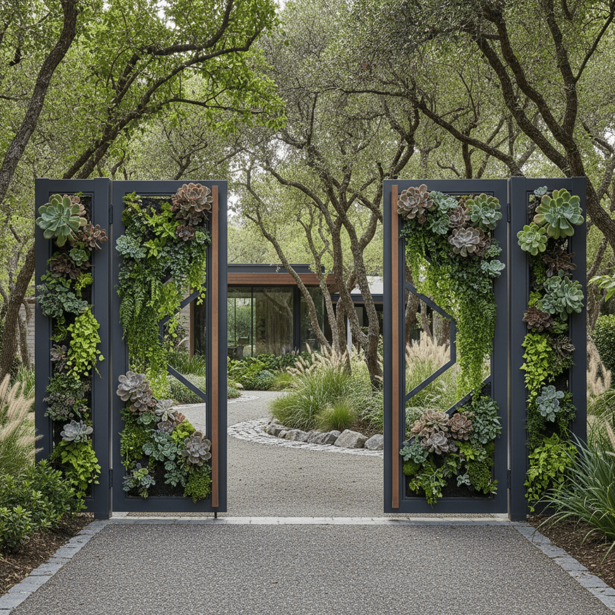 Modern biophilic gate with steel frame, planters, and bronze accents.