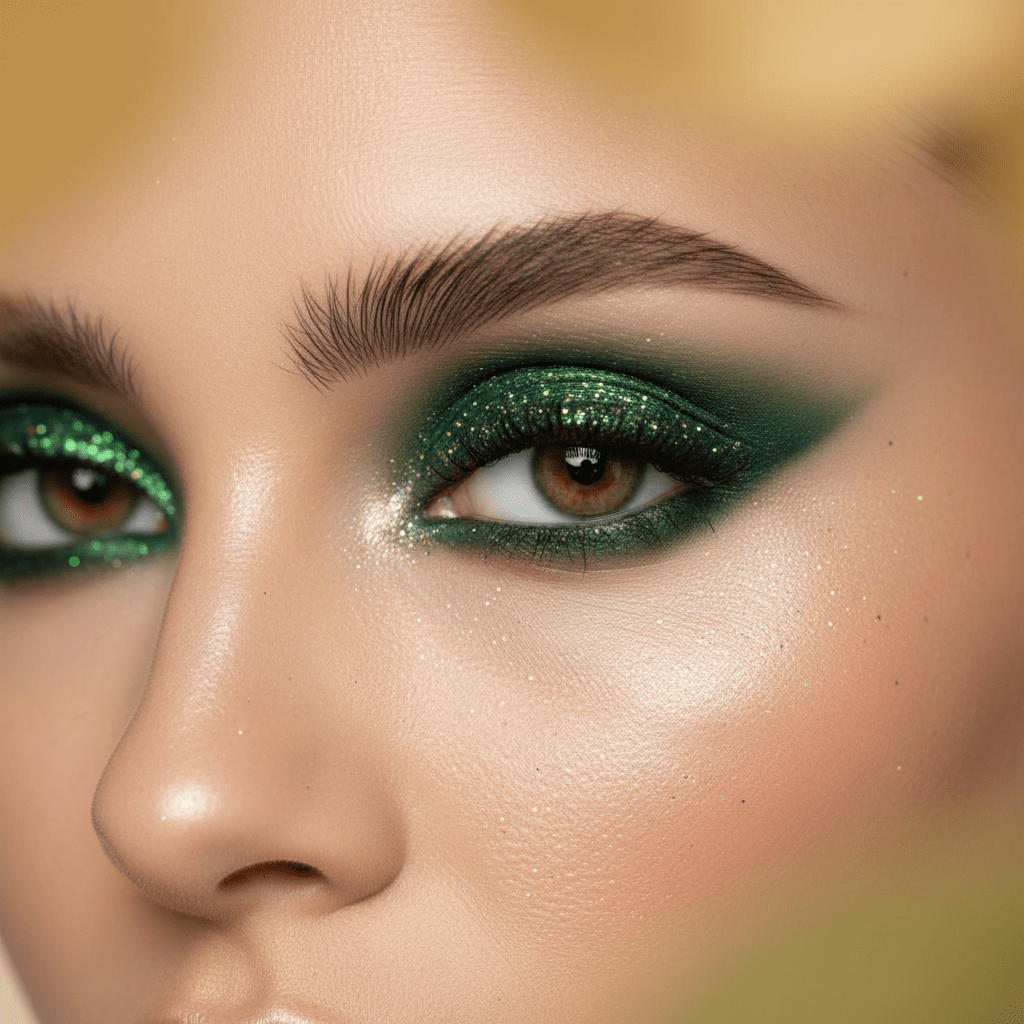 Model with forest green winged eyeliner, glitter, and radiant skin in soft studio light.