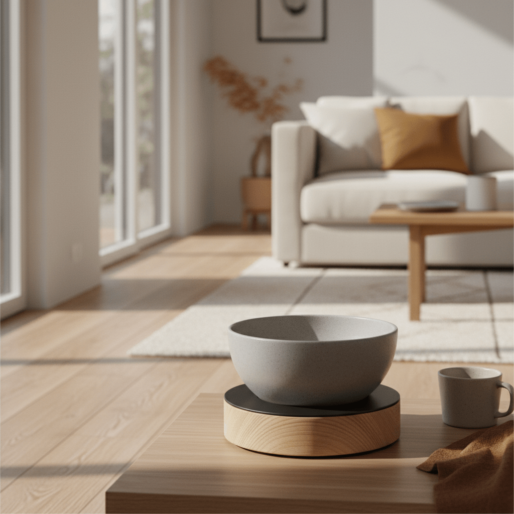 Minimalist soup warmer with grey stoneware bowl on beech wood base.