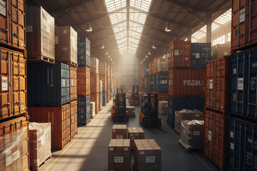 Industrial warehouse reflecting supply chain disruption tensions Busy warehouse with stacked containers and idle forklifts under natural light, symbolizing logistics challenges