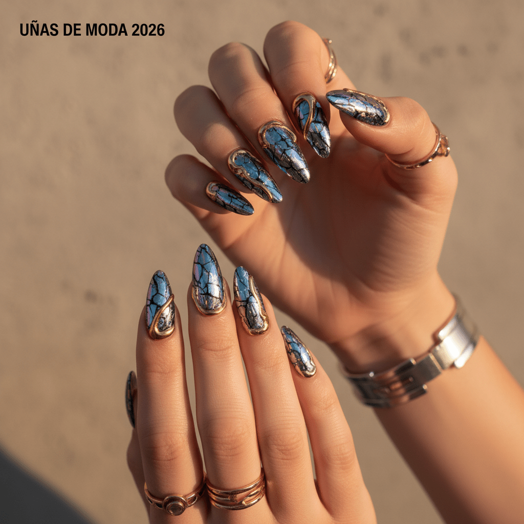 Fashionable 2026 nails with liquid gold, molten effect, and futuristic chrome powder.