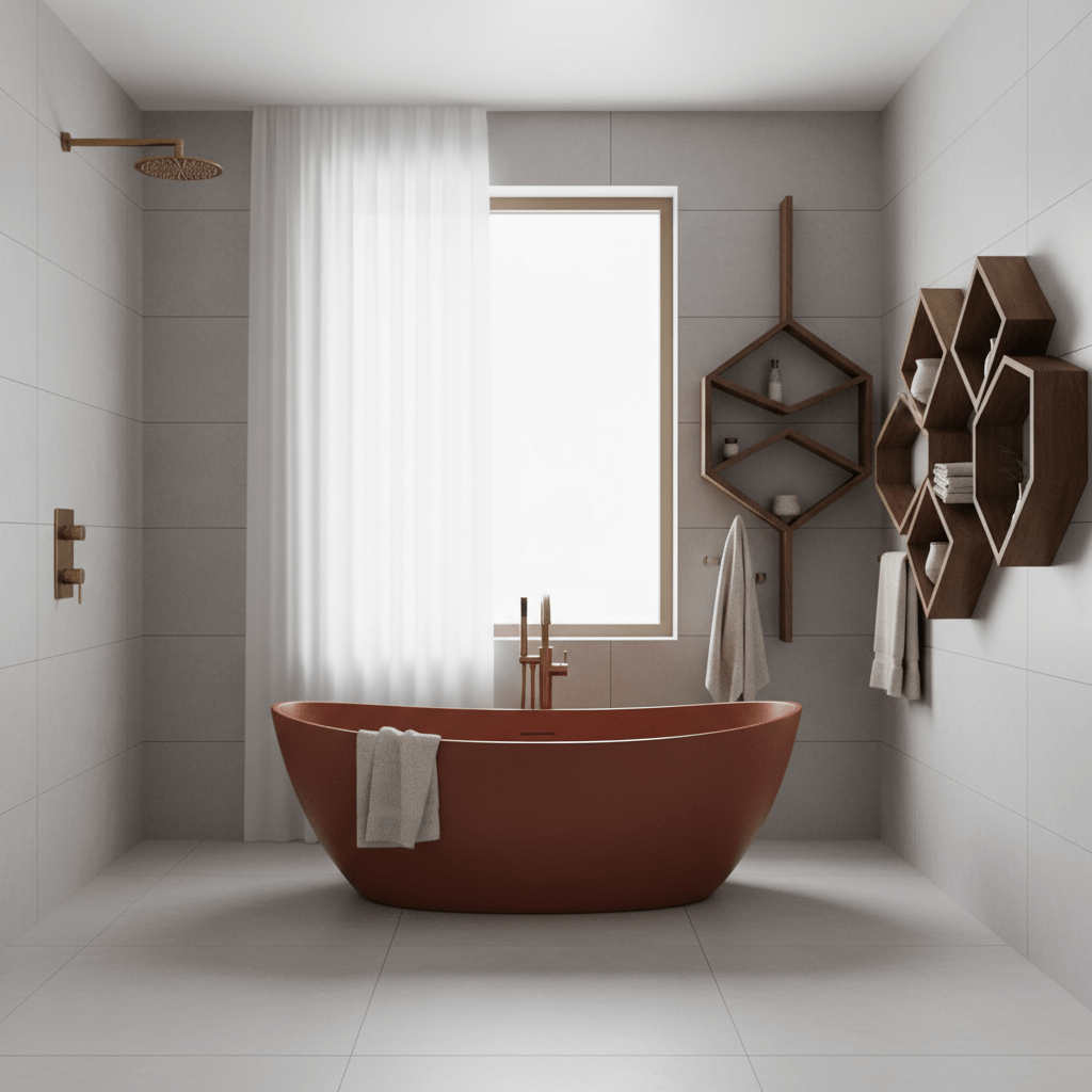 Sleek modern terracotta soaking tub in a contemporary bathroom with brass fixtures.