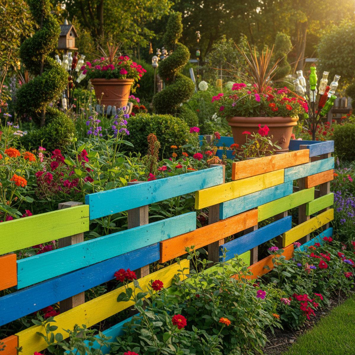 Vibrant blue, green, and yellow pallet plank fence surrounding a whimsical garden.