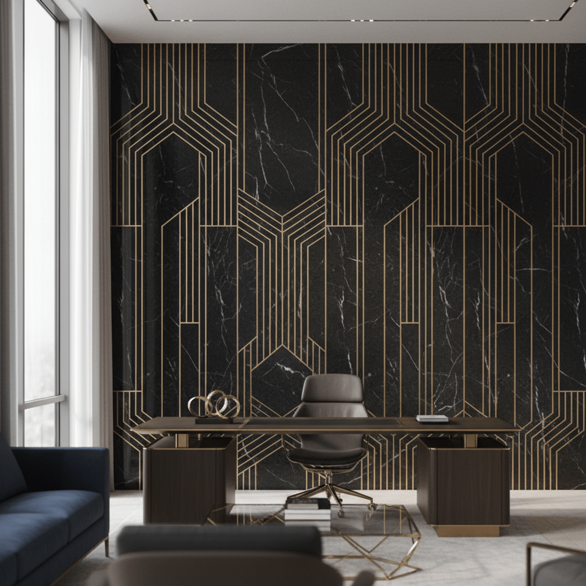 Art Deco black marble wall panels with fine gold veins in a luxurious office.