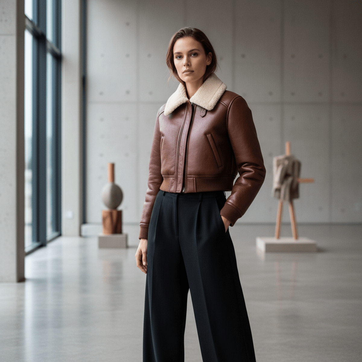 Rich brown leather bomber jacket with cream shearling collar and flowing black trousers.