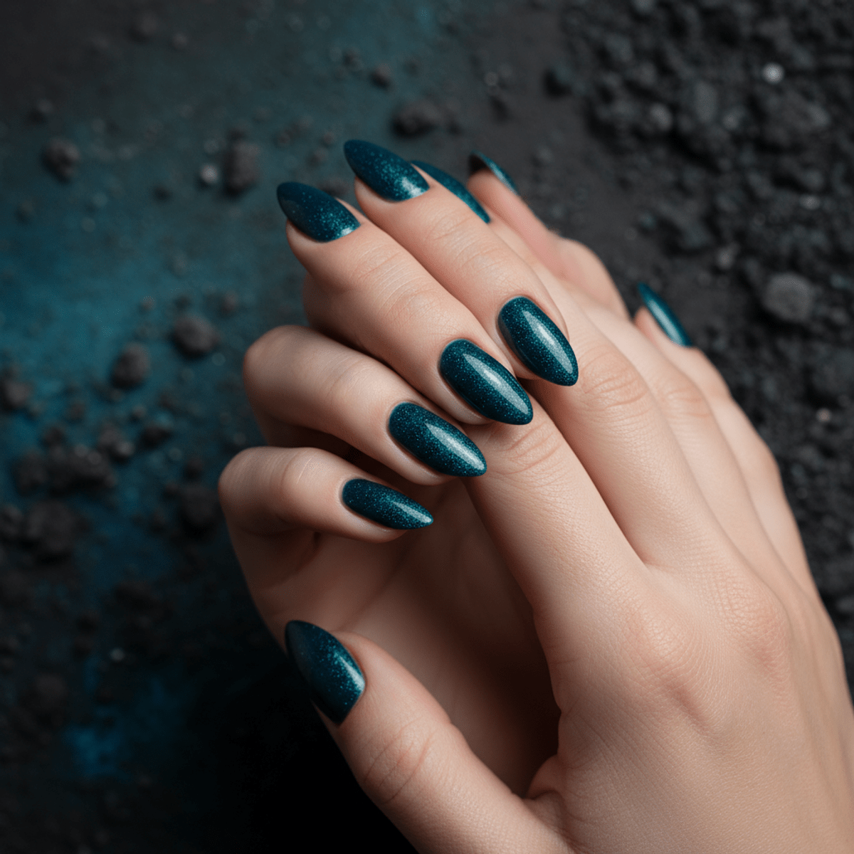 Close-up of hands with deep sea teal nails shimmering like aquatic undertones.