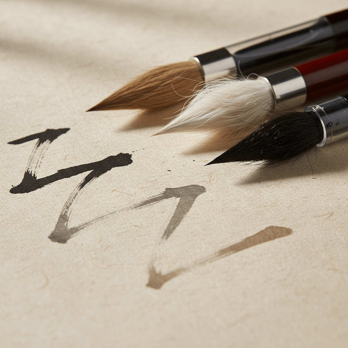 Self-moistening calligraphy pens with natural bristles on textured rice paper, ink flowing.