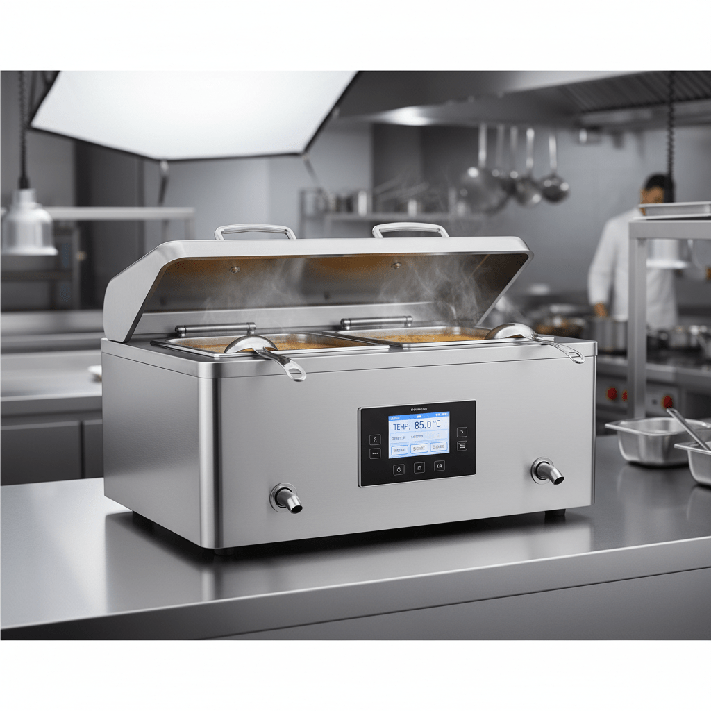 Commercial stainless steel soup warmer with digital controls on a restaurant counter.