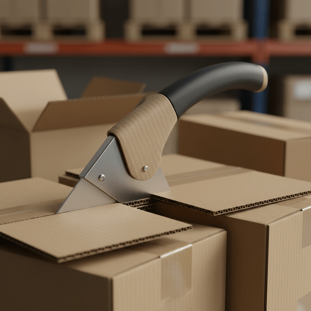 Ergonomic cardboard cutter with textured grip on shipping boxes.
