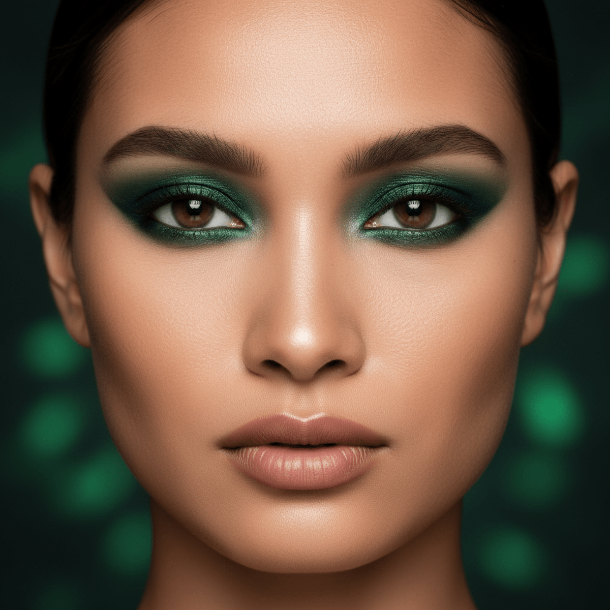 Model with almond eyes wears sharp jade green winged eyeliner with metallic sheen.