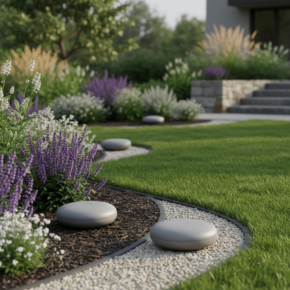 Minimalist grey ultrasonic cat repellent units placed in a landscaped garden.