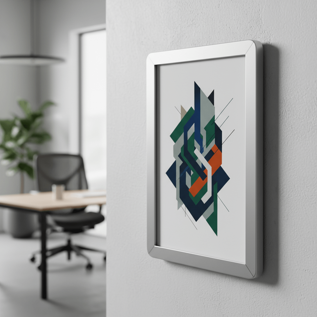 Magnetic poster frame with abstract geometric art in office. Modern magnetic poster frame with abstract art in a stylish, blurred office.