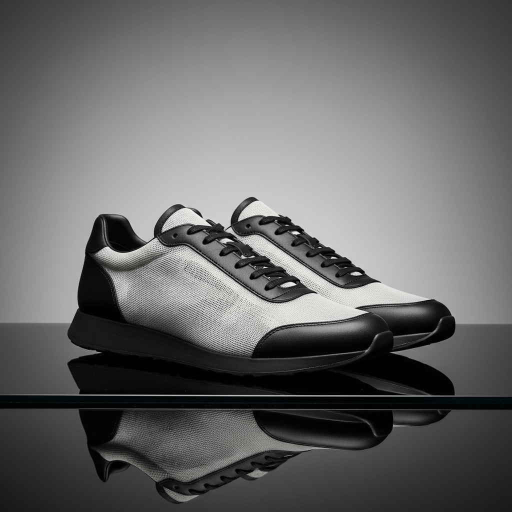 Futuristic sustainable sneakers with semi-translucent dyneema and matte leather panels.