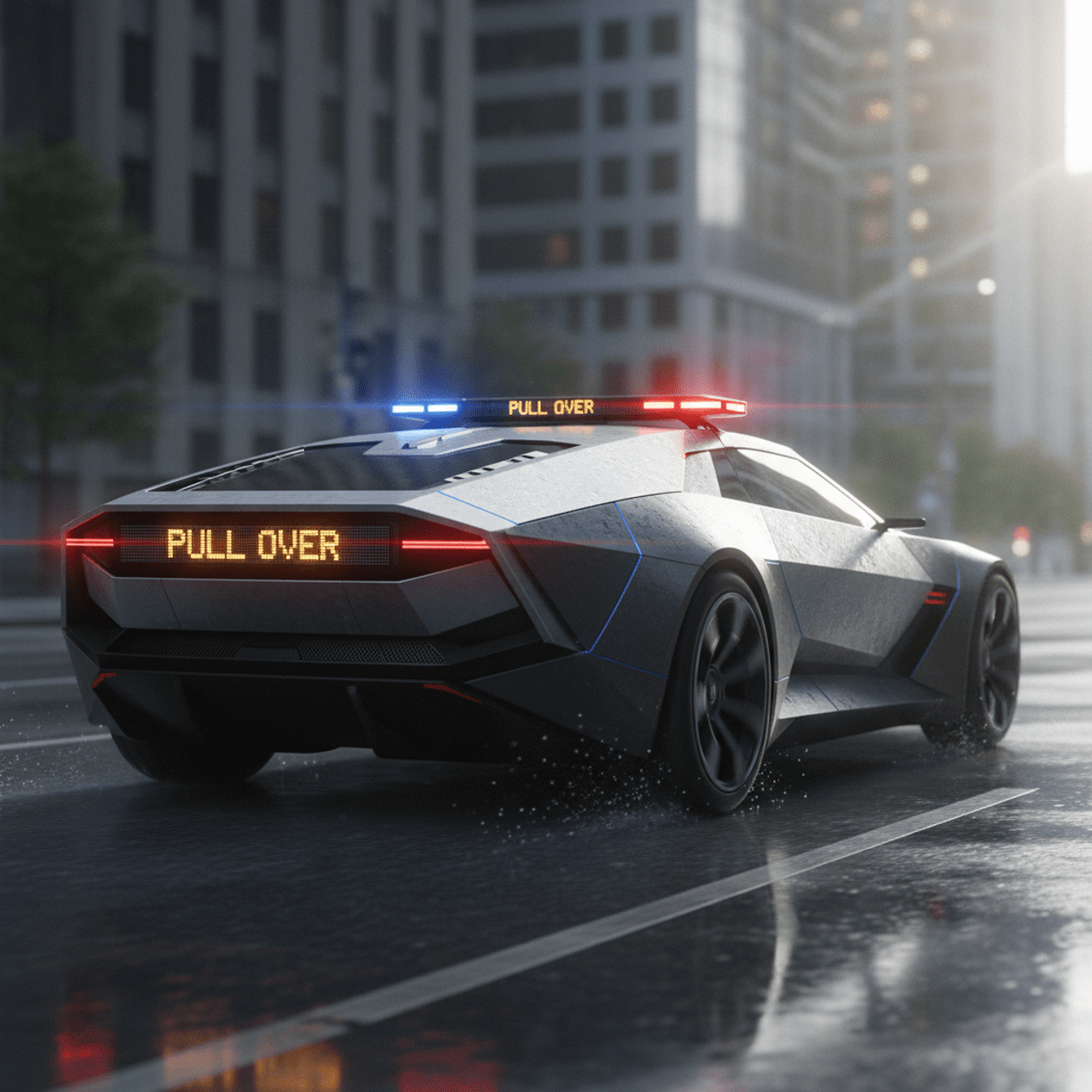 Futuristic police car with LED message board displaying 'PULL OVER' on wet asphalt.
