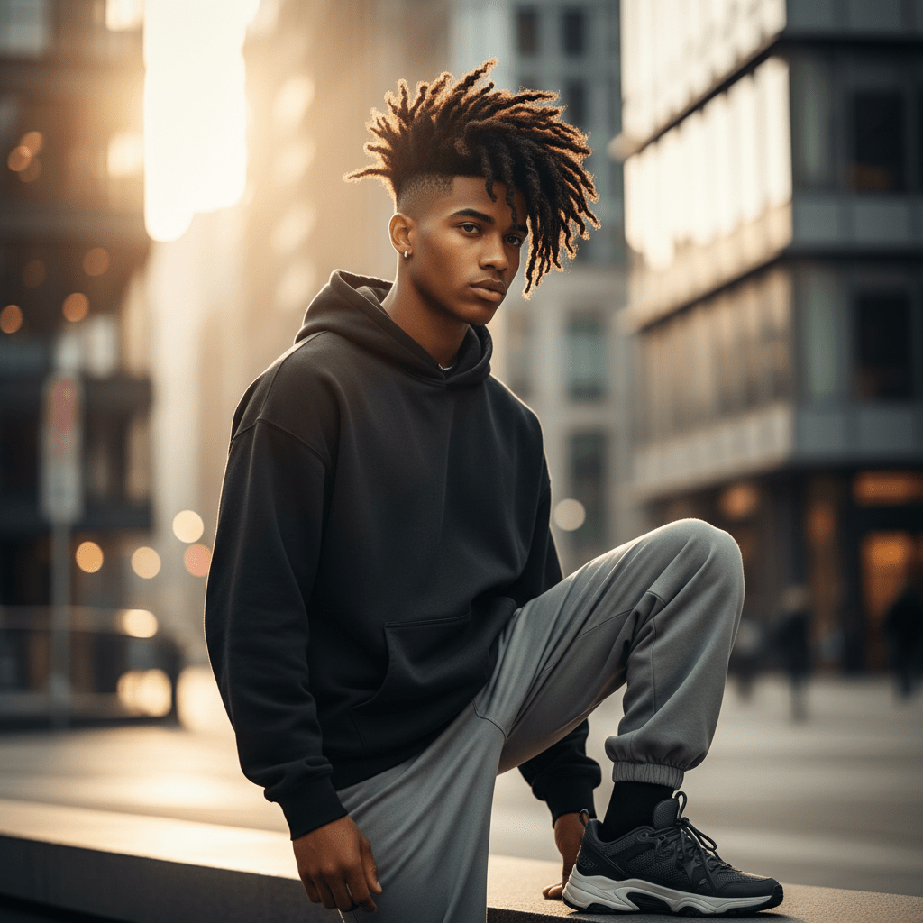 Young man with bold high-top fade and voluminous twists in futuristic urban setting.