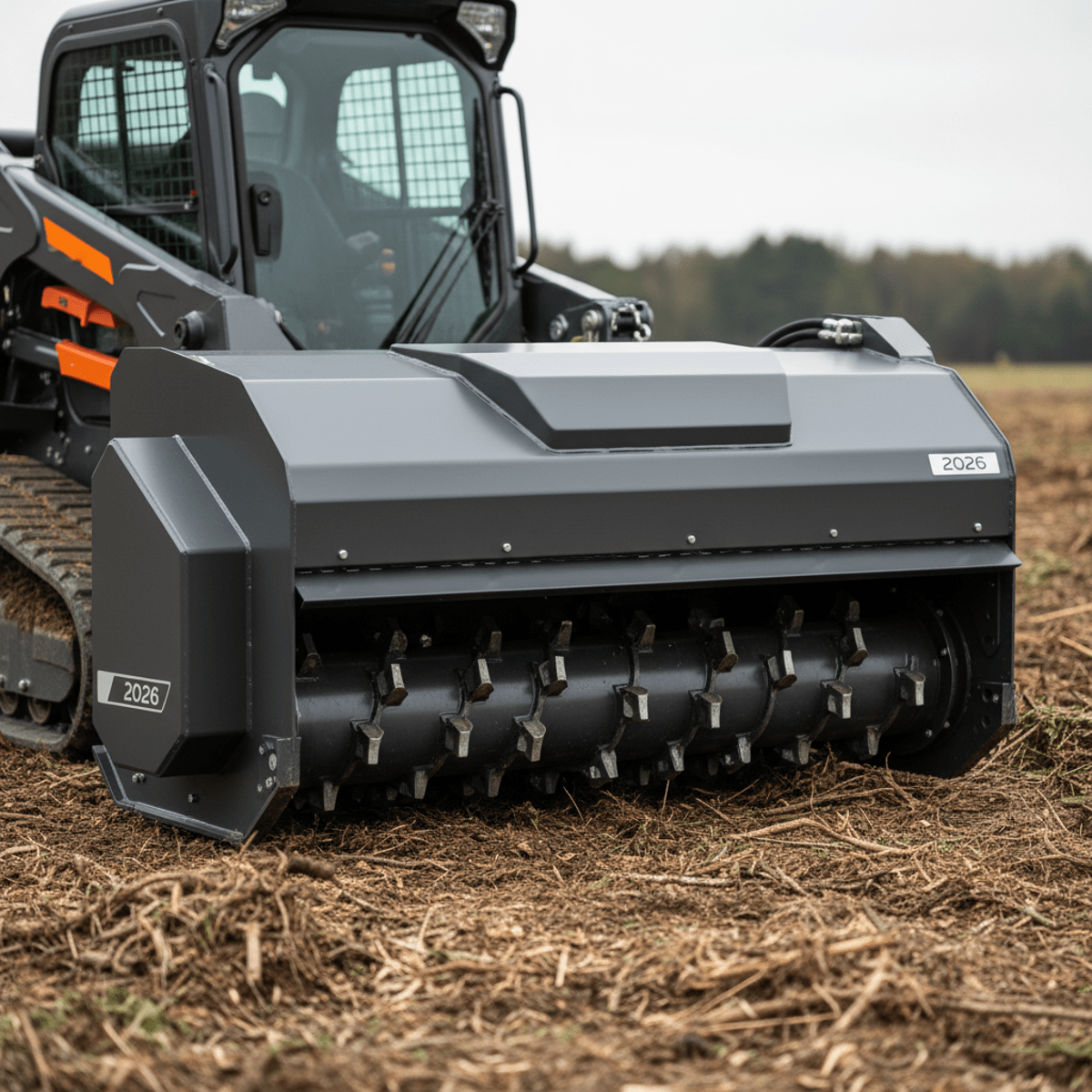 Sleek, low-profile mulcher with matte industrial finish on fresh terrain.