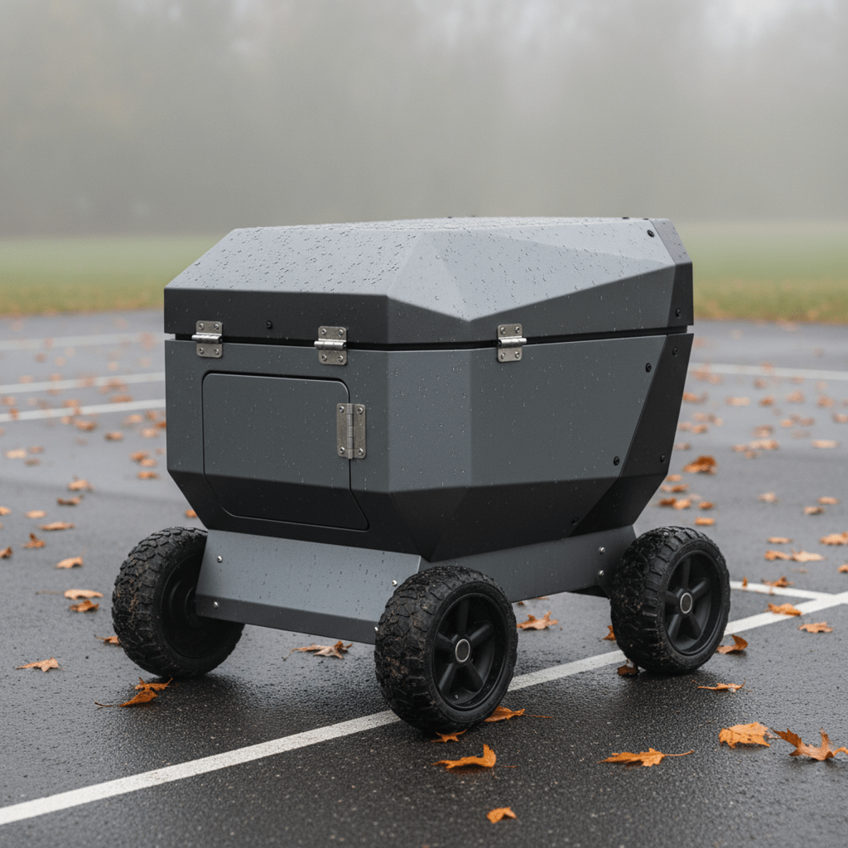 Weatherproof pickleball machine with rubber tires on a damp court.