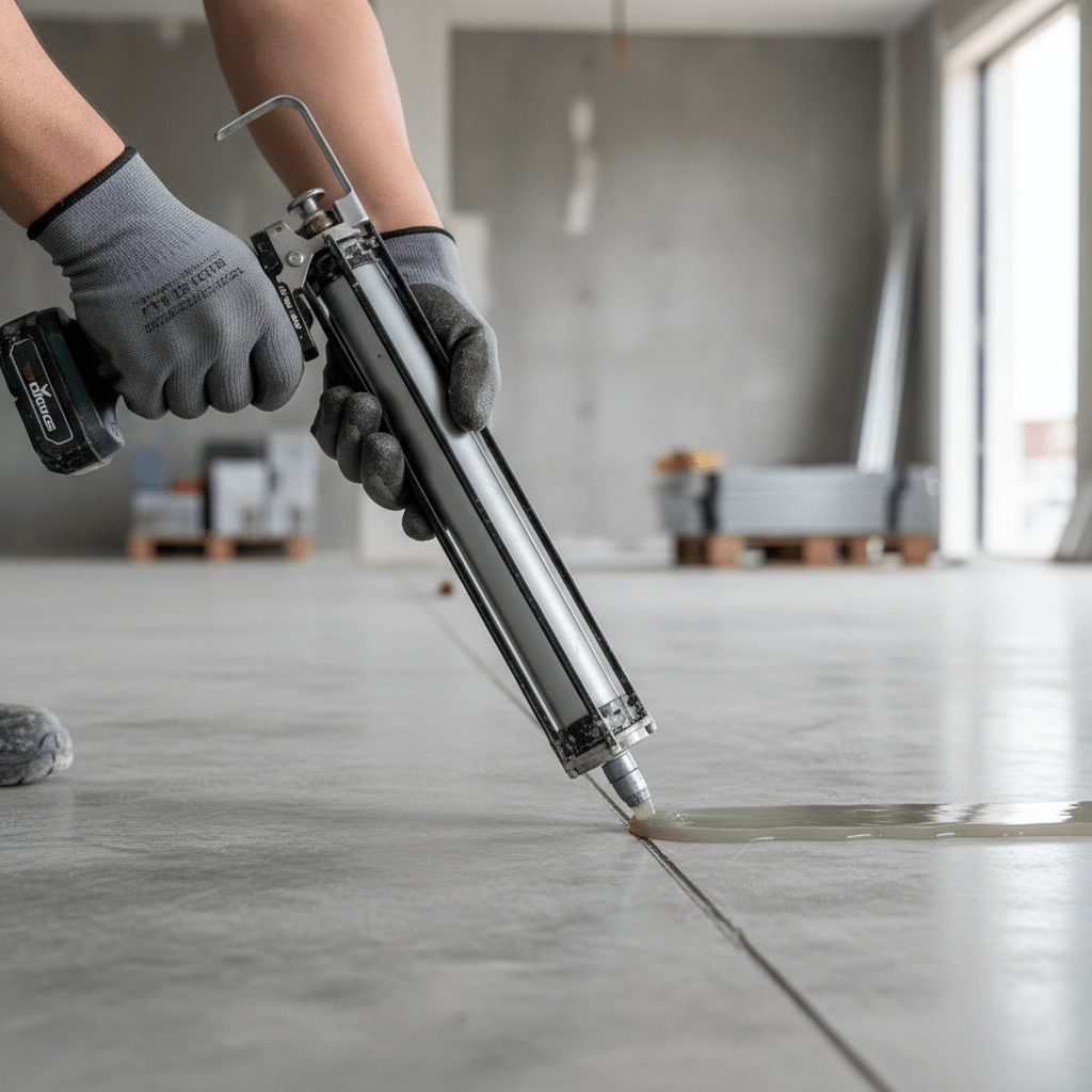 Cordless caulking gun applies smooth sealant to modern commercial floor expansion joint.