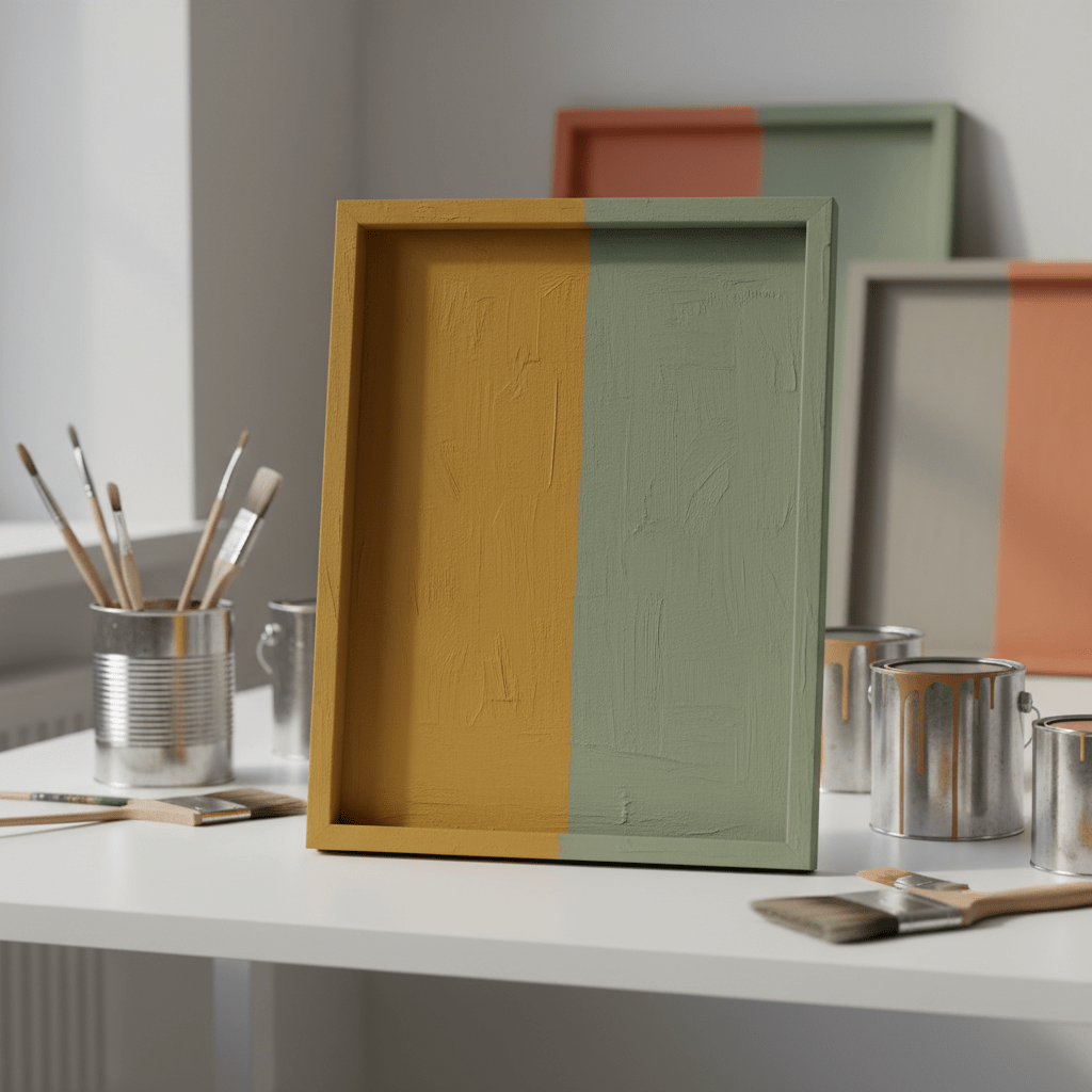 Textured mustard and sage green poster frame on a desk with art supplies.