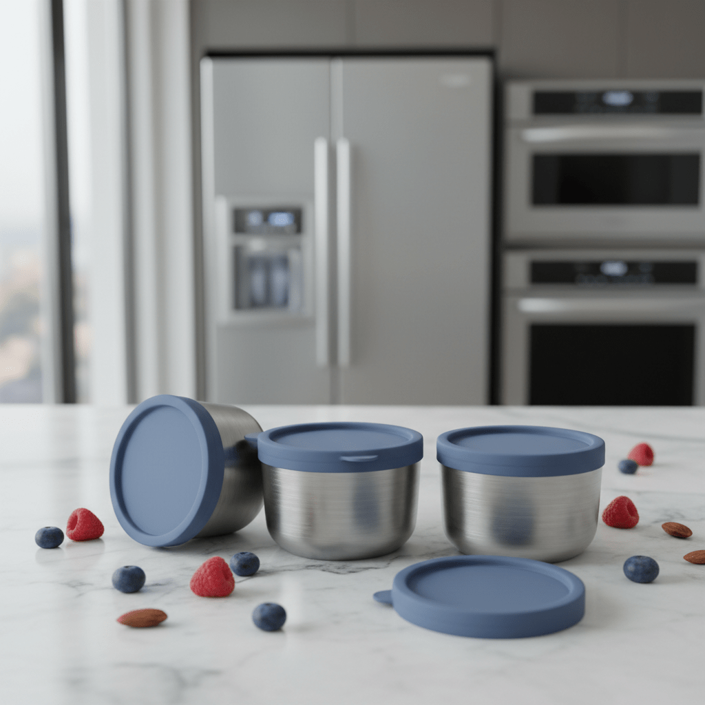 Brushed stainless steel snack cups with matte blue lids on marble with berries.