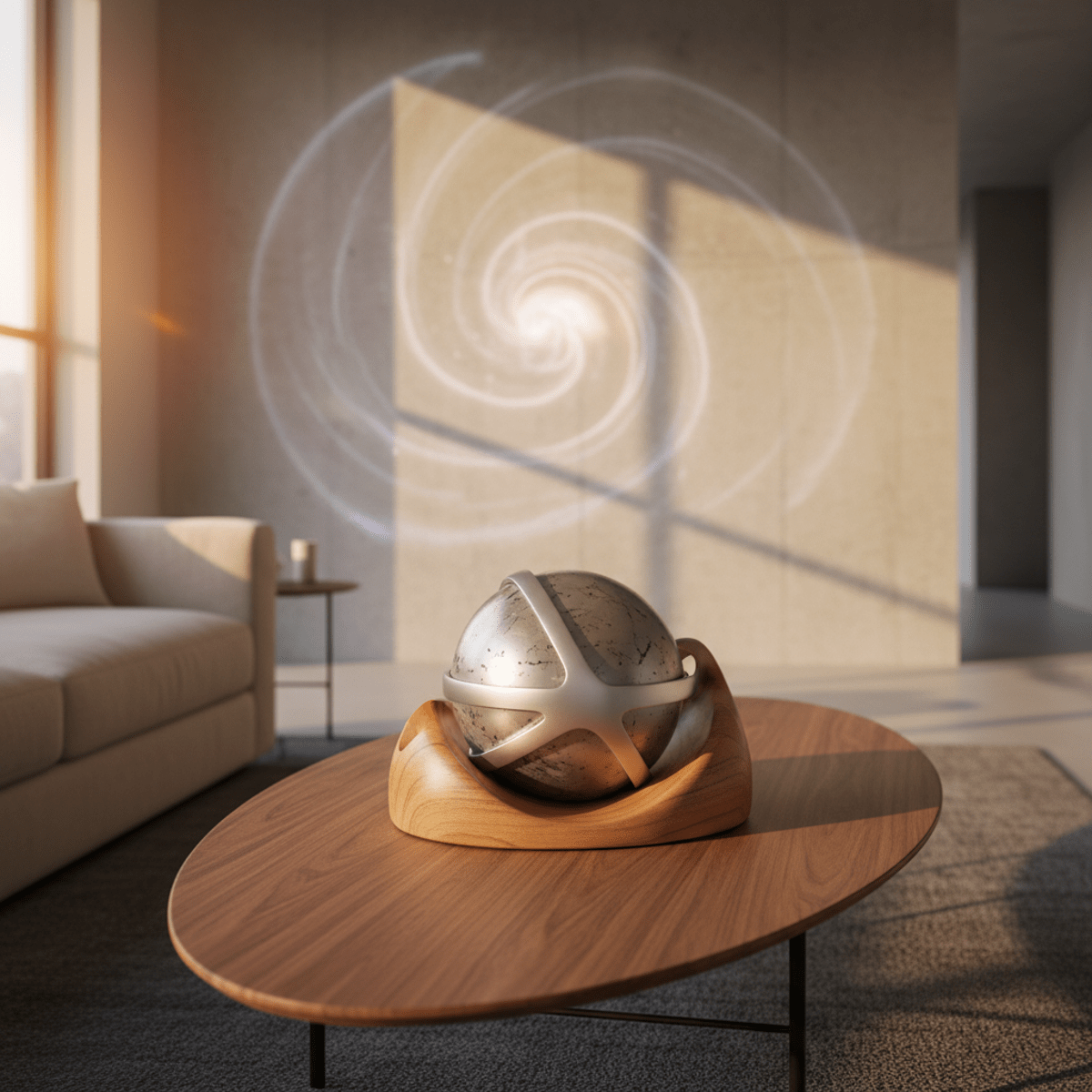Sculptural star projector on walnut table, sustainable materials, warm golden light.