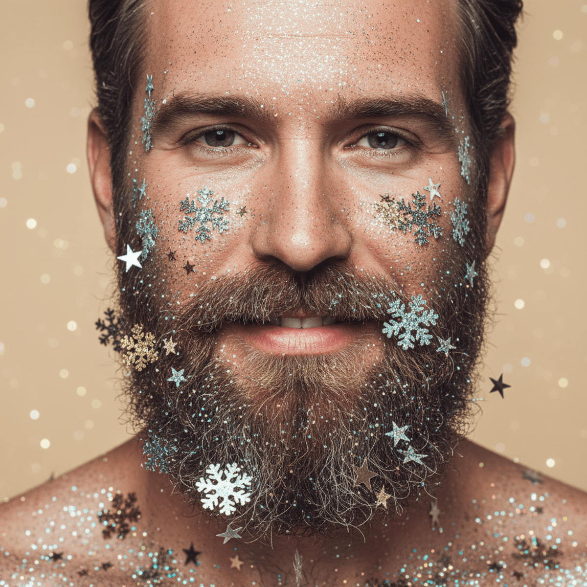 Man with a glitter beard adorned with metallic snowflakes and silver stars.