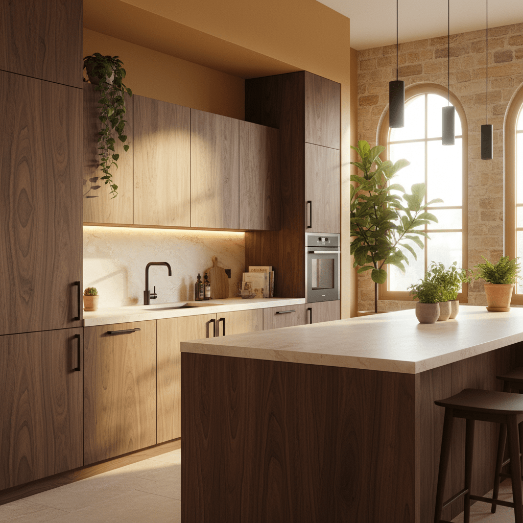 Luxurious kitchen with ochre walls, walnut cabinets, and stone countertops.