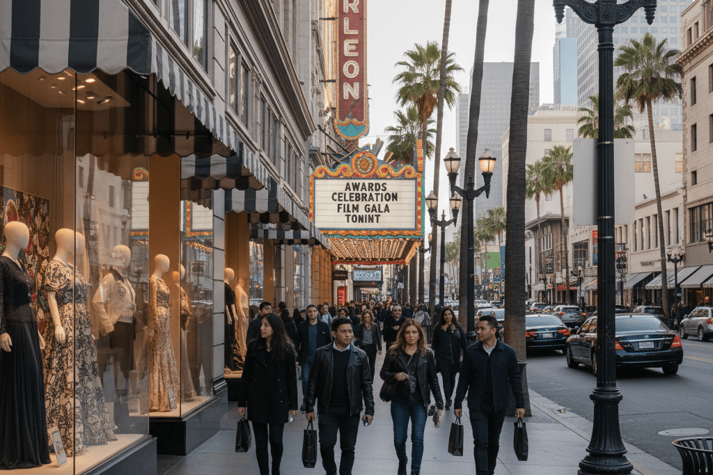 Wide shot of upscale shopping district with seasonal displays and shoppers under natural and ambient lighting