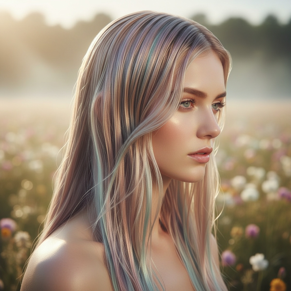 Model with slick, pastel gradient hair in lavender, mint, blue, and rose gold.