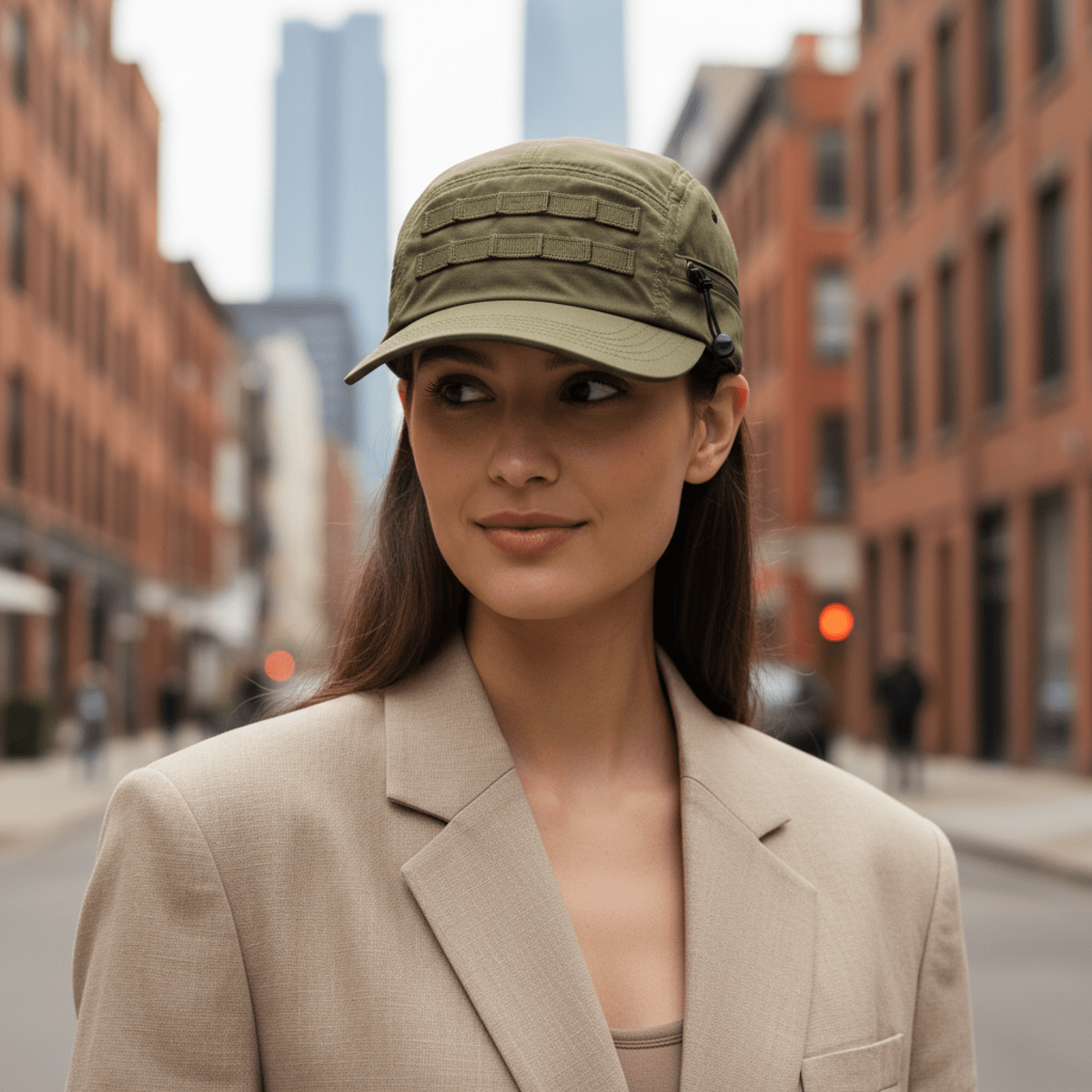 Olive green utility cap with daisy chains styled with a beige blazer in a city.