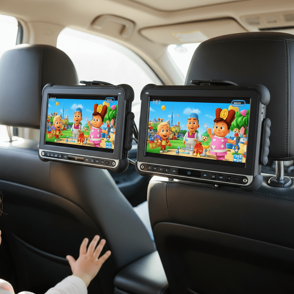 Dual HD screens playing movie brightly on car headrests, seen from backseat.
