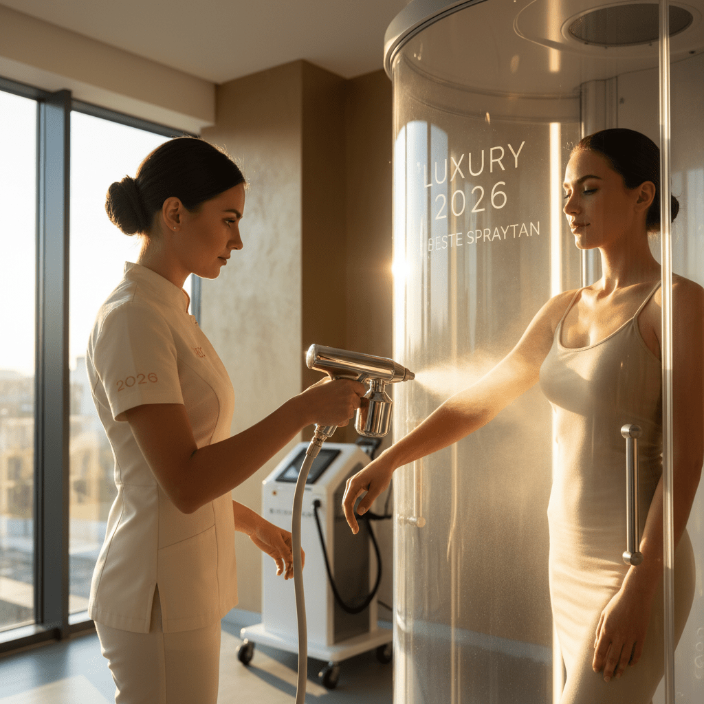 Beauty technician applying a fine mist spray tan onto a client's forearm.
