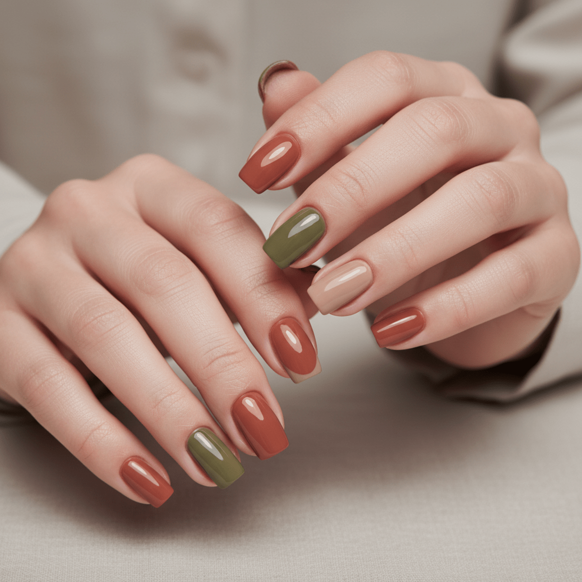 Close-up of hands with mismatched French nails in terracotta, olive, and sand tones.
