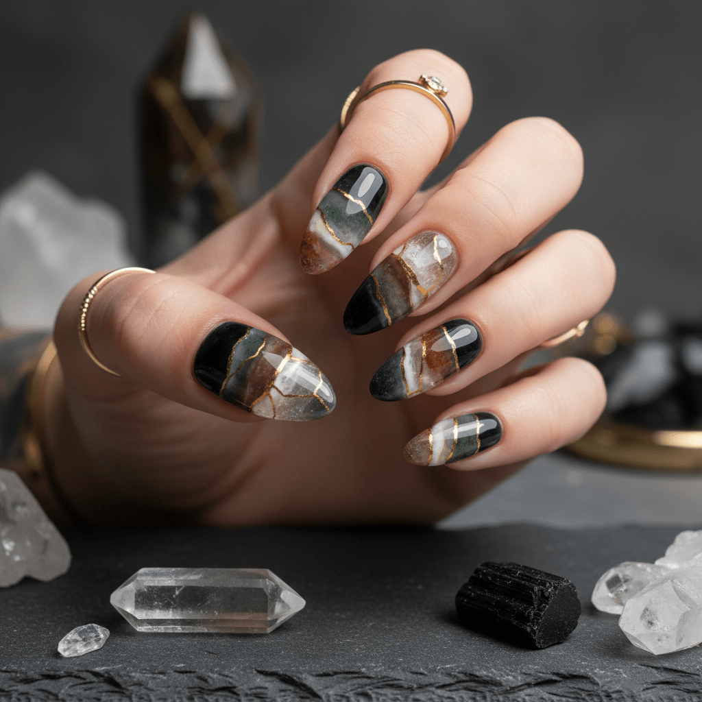 Trendy almond nails featuring layered gemstone effects with quartz and obsidian.