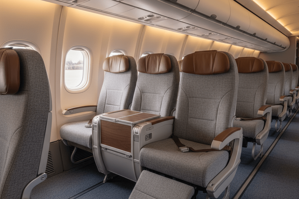 Wide shot of airplane cabin highlighting new convertible seating section enhancing traveler comfort without recognizable branding