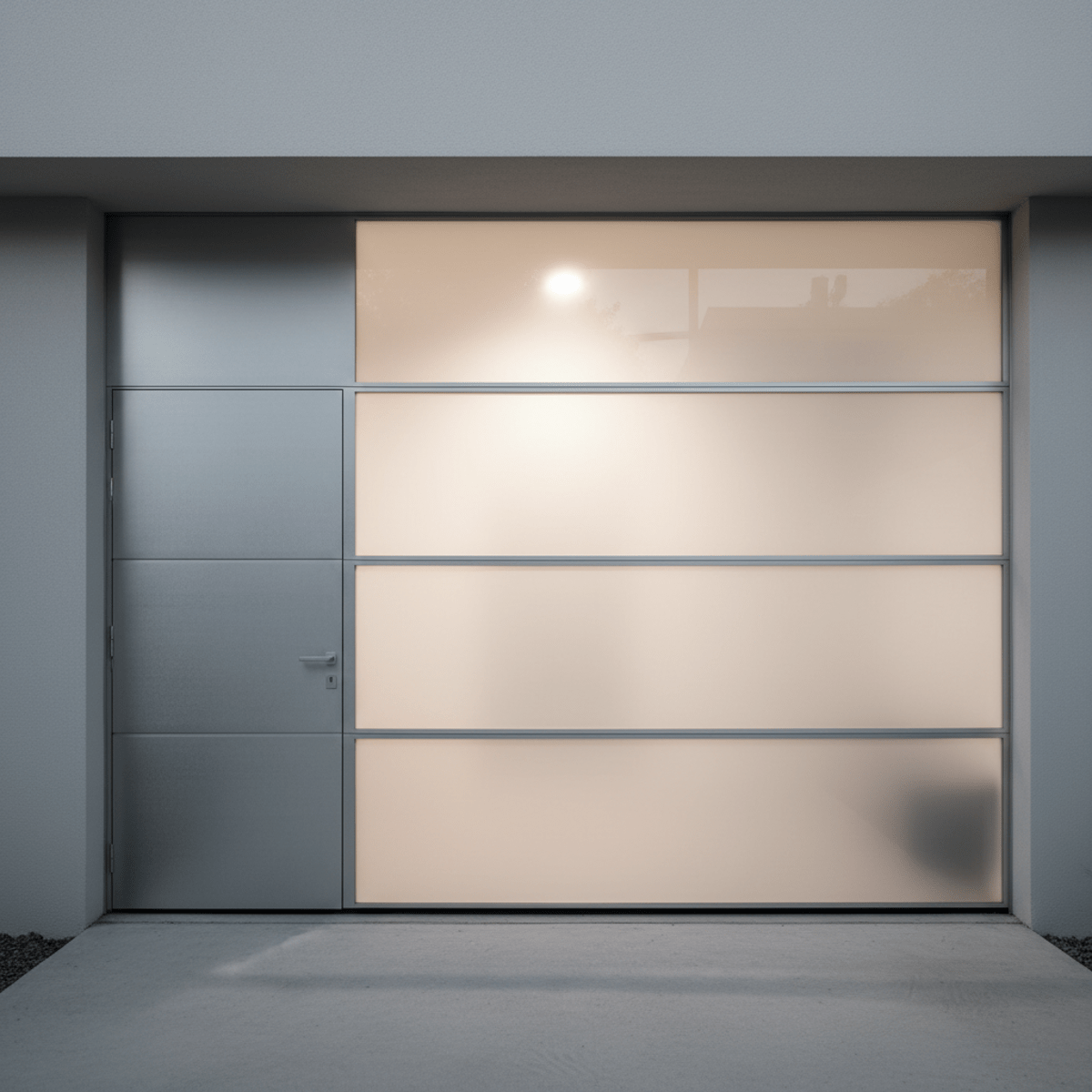 Modern garage door with frosted glass and brushed aluminum panels, sleek architectural design.
