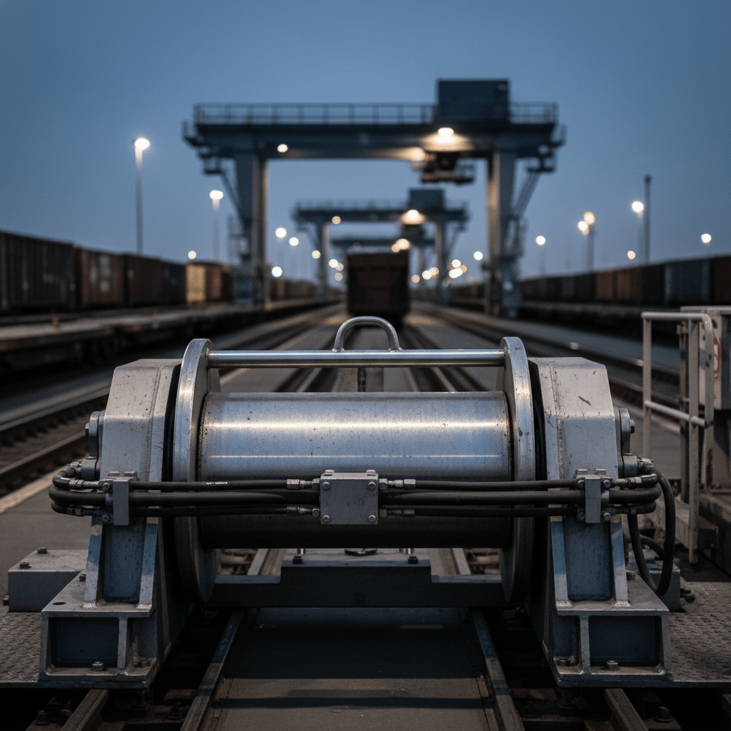 Close-up of a robust hydraulic winch in an automated freight yard, steel construction.