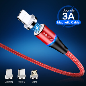 FLOVEME LED Magnetic 3A Fast Charging Phone USB Cable for iPhone Micro Type-C Charger Line Nylon Data Wire