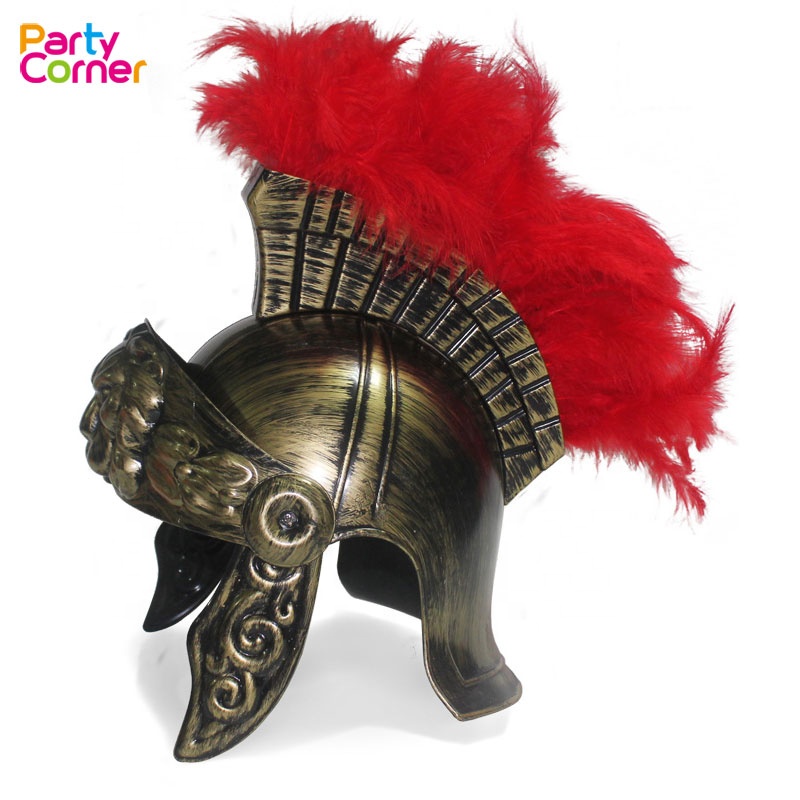 Trojan Helmet Roman Spartan Soldier Costume Gold Black With Red Feather Crest