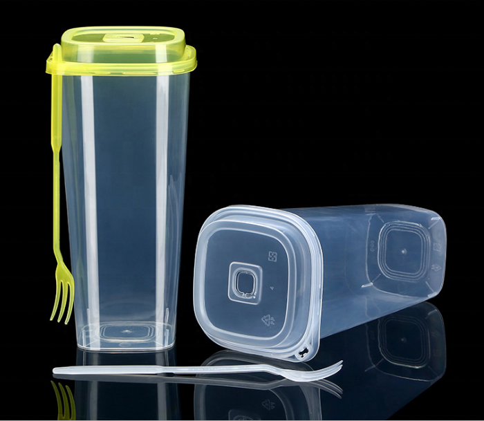 Квадратная жесткая пластиковая чашка с вилкой для фруктового чая, 24 унции, 32 унции