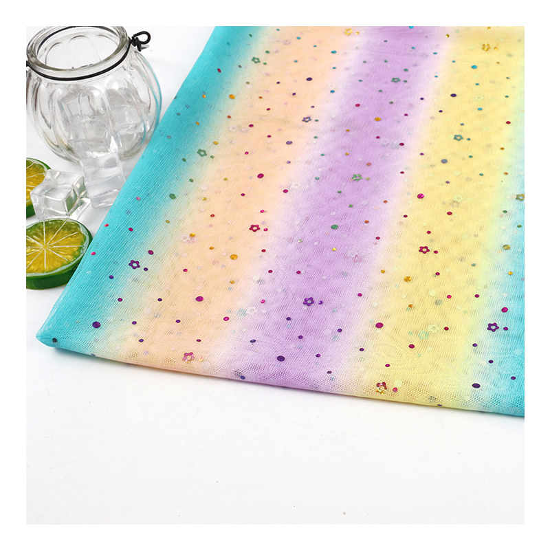 Factory wholesale rainbow striped small flower sequins clothing mesh fabric for children