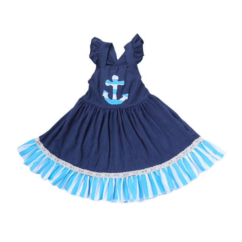 Оптовая продажа; летнее платье для маленьких девочек с милым принтом якоря; темно-синее платье без рукавов с открытой спиной для маленьких девочек